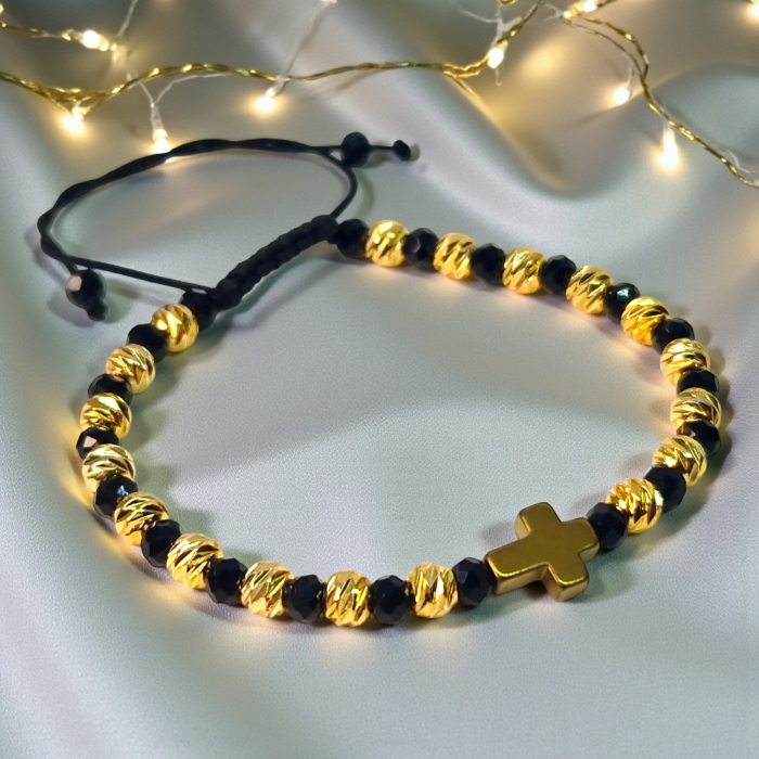 Bratara crestina cu Sfanta Cruce cu pietre semipretioase naturale placata cu aur de 18k [2]