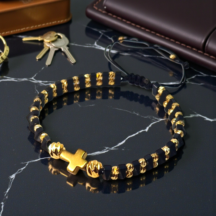 Bratra crestina cu Sfanta Cruce cu pietre semipretioase naturale placata cu aur de 18k IH702 [4]