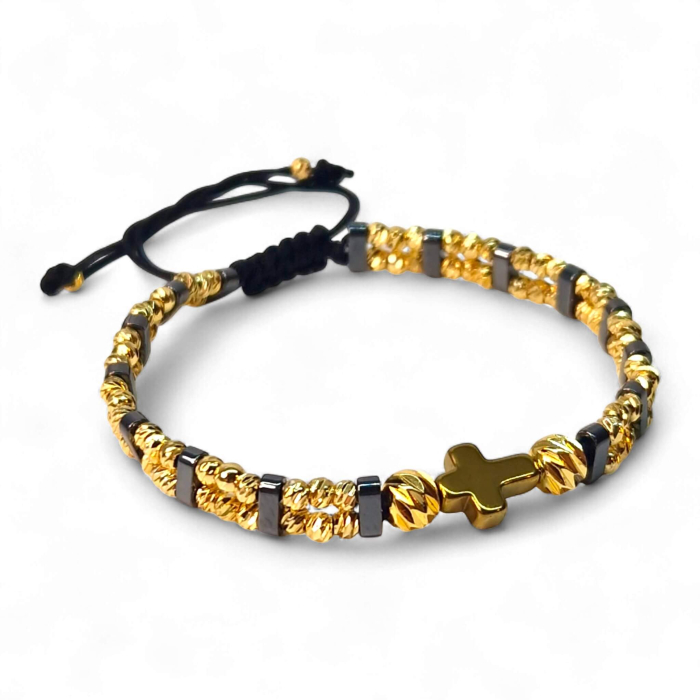 Brățară IH804 cu hematit și cruce placată cu aur de 18K [3]