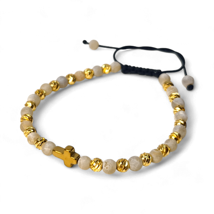 Brățară IH808 cu pietre naturale alb-bej și cruce din hematit aurit [5]