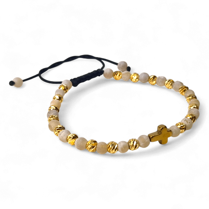 Brățară IH808 cu pietre naturale alb-bej și cruce din hematit aurit [1]