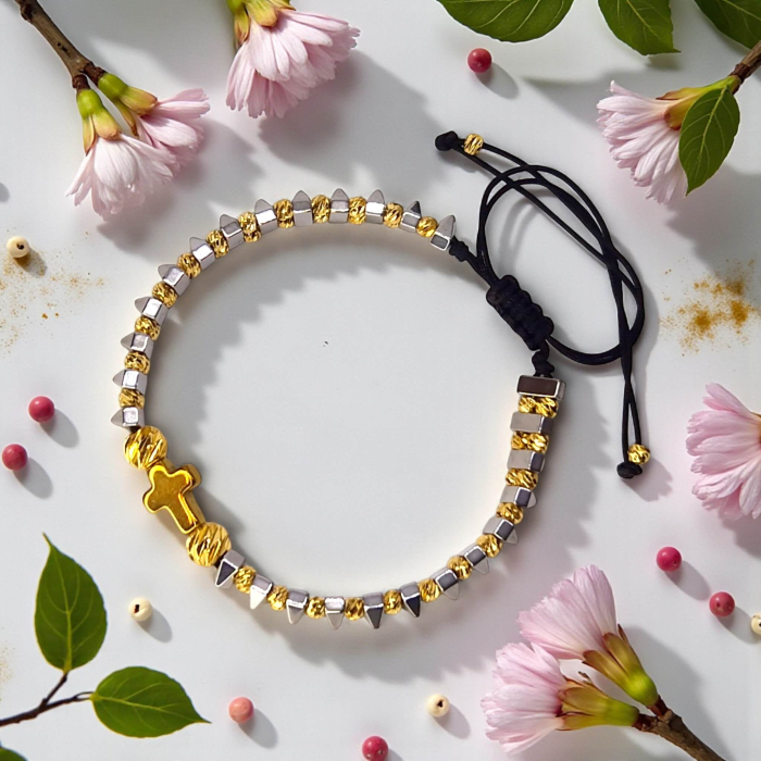 Brățară IH806 cu hematit geometric și cruce placată cu aur 18K [4]