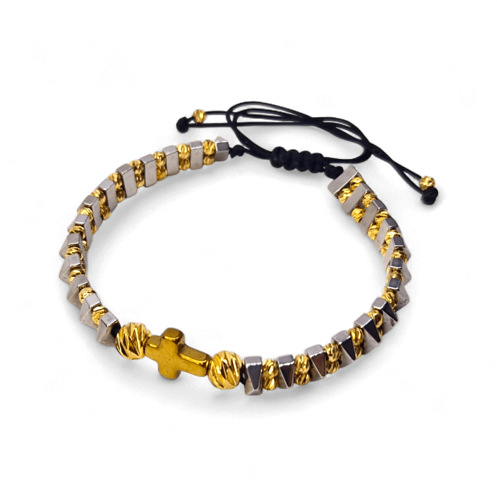 Brățară IH806 cu hematit geometric și cruce placată cu aur 18K [3]