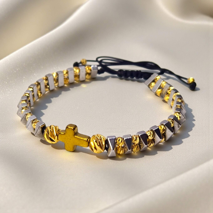 Brățară IH806 cu hematit geometric și cruce placată cu aur 18K [6]