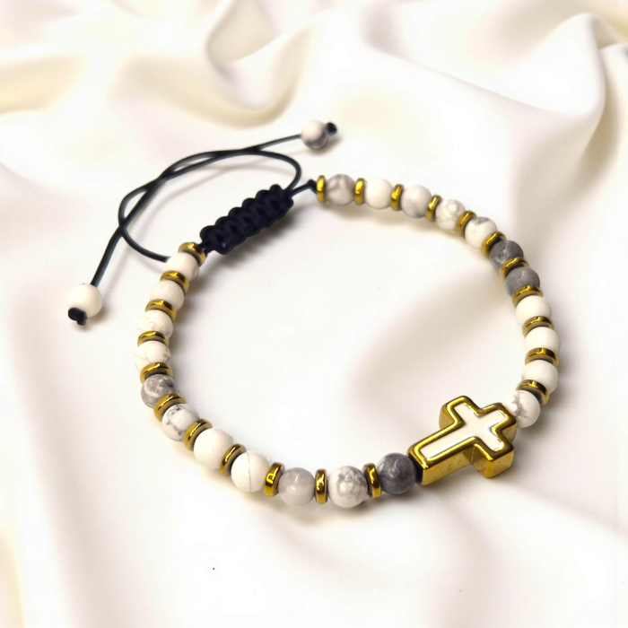 Brățară IH807 cu howlit alb și cruce placată cu aur 18K [6]
