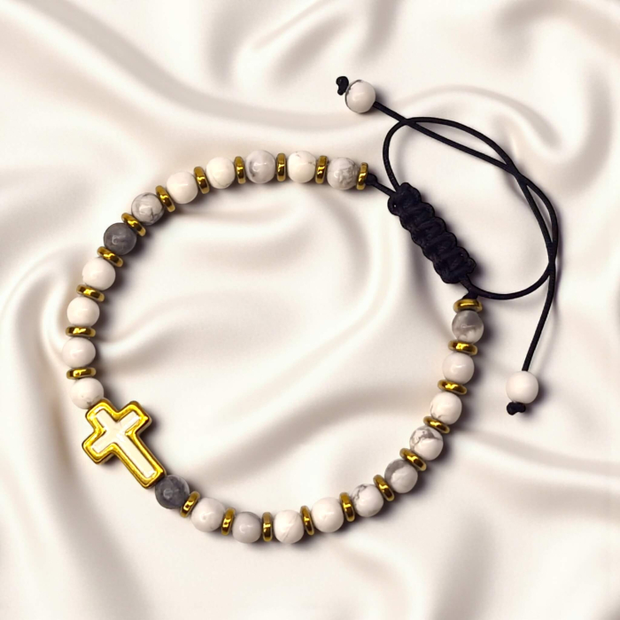 Brățară IH807 cu howlit alb și cruce placată cu aur 18K [8]
