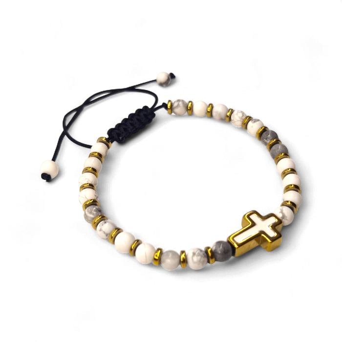 Brățară IH807 cu howlit alb și cruce placată cu aur 18K [3]