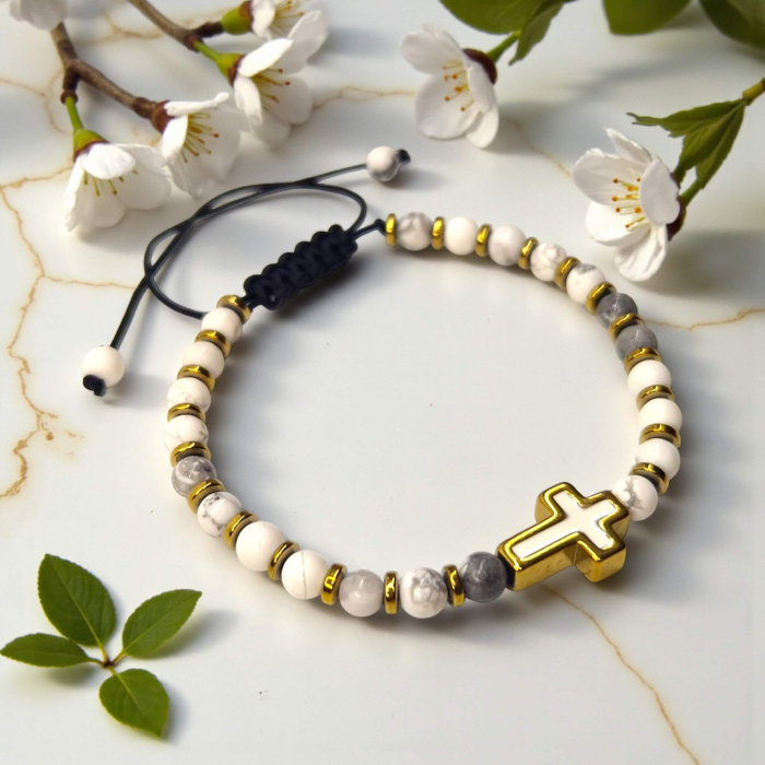 Brățară IH807 cu howlit alb și cruce placată cu aur 18K [2]