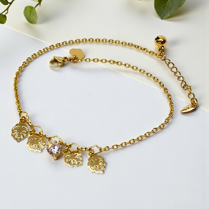 Brățară de picior Eleri placată cu aur cu frunze aurii și cristal luminos [2]