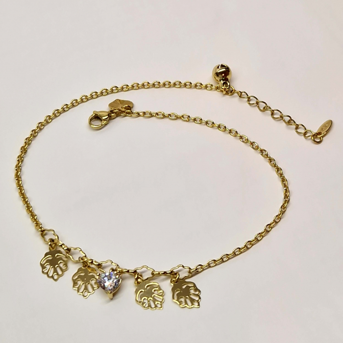 Bratara de picior placata cu aur de 14k cu un cristal din zirconiu alb central si patru frunzulite aurii [5]