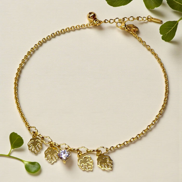 Brățară de picior Eleri placată cu aur cu frunze aurii și cristal luminos [4]