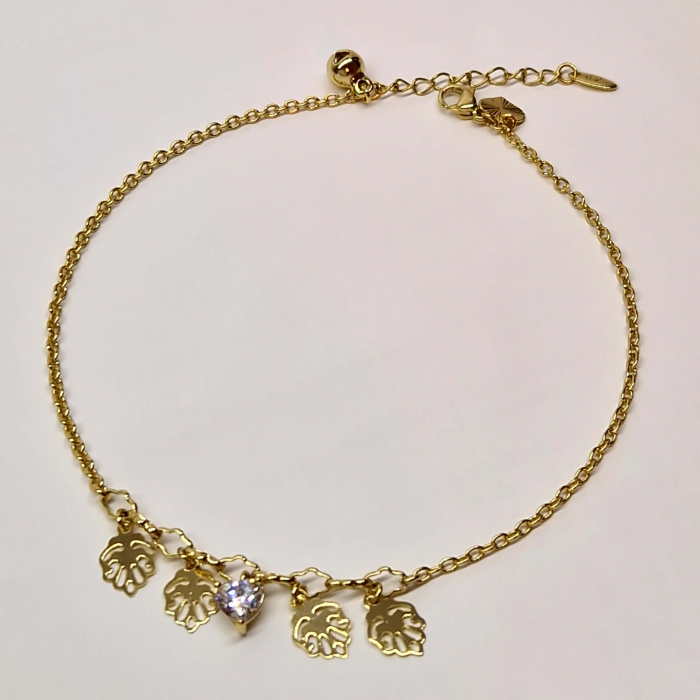 Bratara de picior placata cu aur de 14k cu un cristal din zirconiu alb central si patru frunzulite aurii [4]