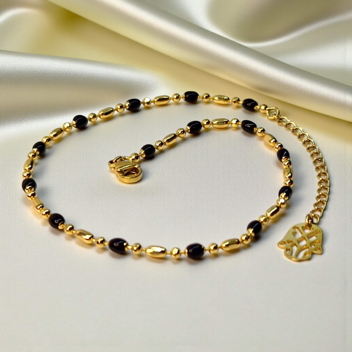 Brățară de picior Mia placată cu aur cu hematit și pandantiv Hamsa – MyBijoux [2]