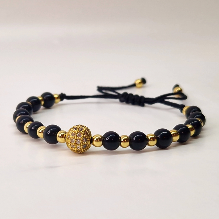 Bratara cu onix negru si bilute placate cu aur de 14k [2]
