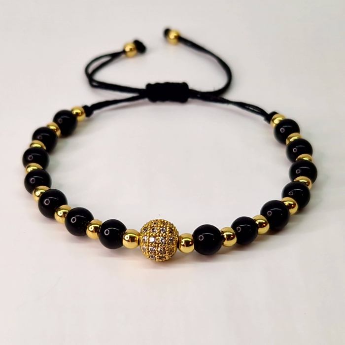 Bratara cu onix negru si bilute placate cu aur de 14k [1]