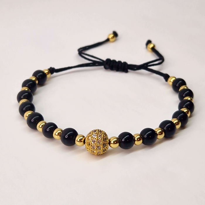 Bratara cu onix negru si bilute placate cu aur de 14k [3]