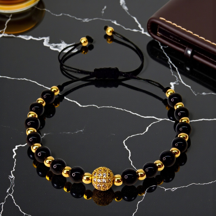 Bratara cu onix negru si bilute placate cu aur de 14k [4]