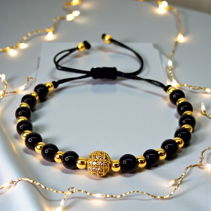 Bratara cu onix negru si bilute placate cu aur de 14k [2]