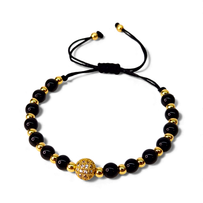 Bratara cu onix negru si bilute placate cu aur de 14k [3]