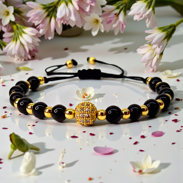 Bratara cu onix negru si bilute placate cu aur de 14k [8]