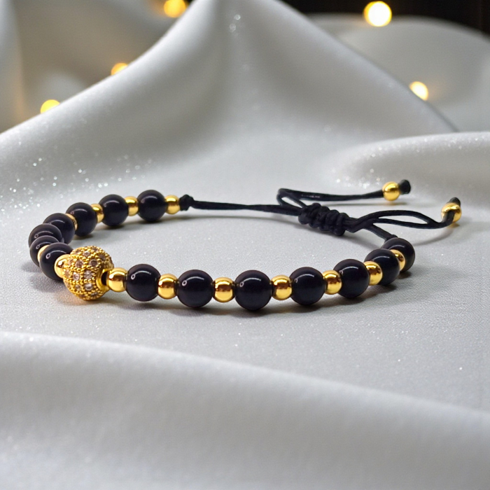 Bratara cu onix negru si bilute placate cu aur de 14k [6]