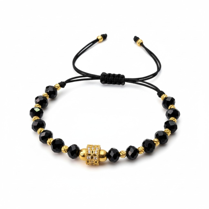 Bratara unisex cu onix negru si bilute placate cu aur [3]