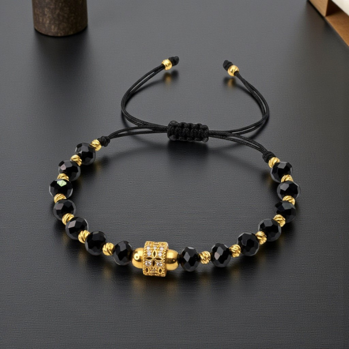 Bratara unisex cu onix negru si bilute placate cu aur [4]