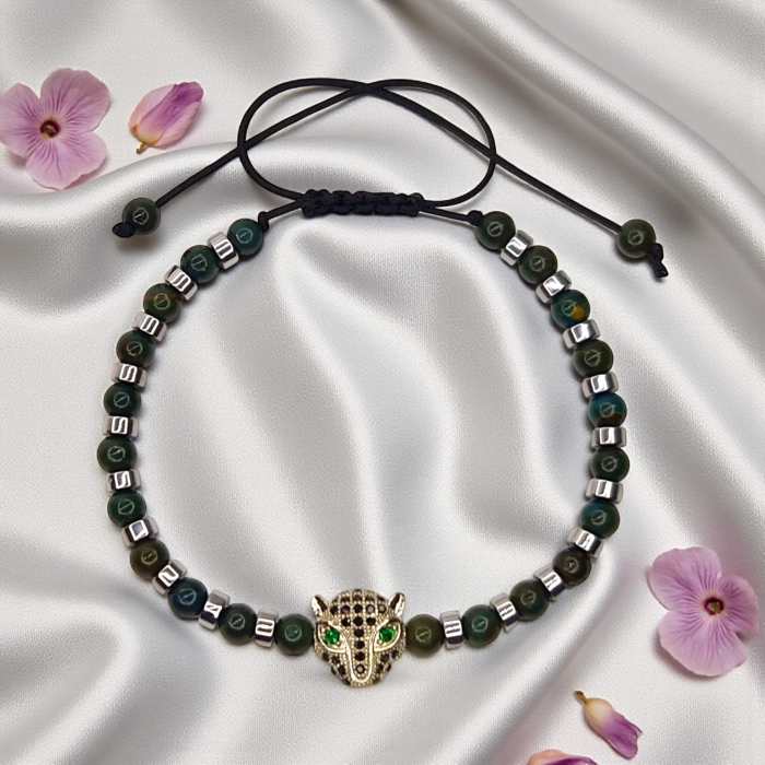 Brățară Tyler cu Agat verde, Hematit și cap de panteră placat cu argint [4]