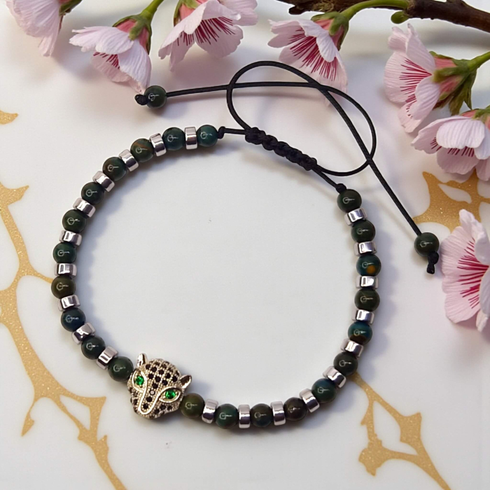 Brățară Tyler cu Agat verde, Hematit și cap de panteră placat cu argint [2]