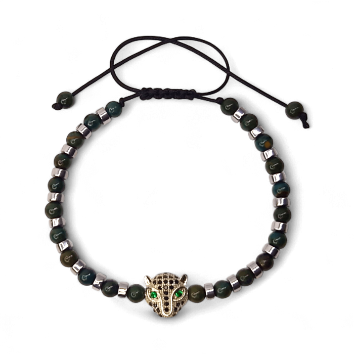 Brățară Tyler cu Agat verde, Hematit și cap de panteră placat cu argint [3]