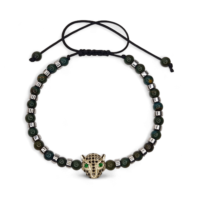 Brățară Tyler cu Agat verde, Hematit și cap de panteră placat cu argint [5]