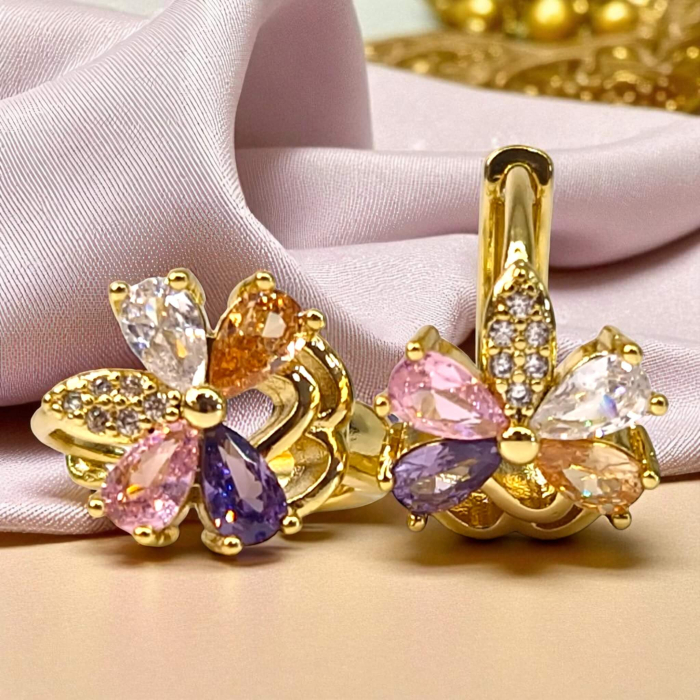 Cercei Adelina placati cu aur cu cristale multicolore în formă de floare [2]
