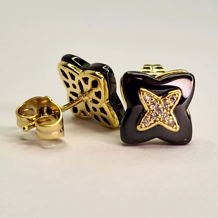 Cercei placati cu aur 18K Alexis, design negru lucios cu zirconii strălucitoare în centru [2]