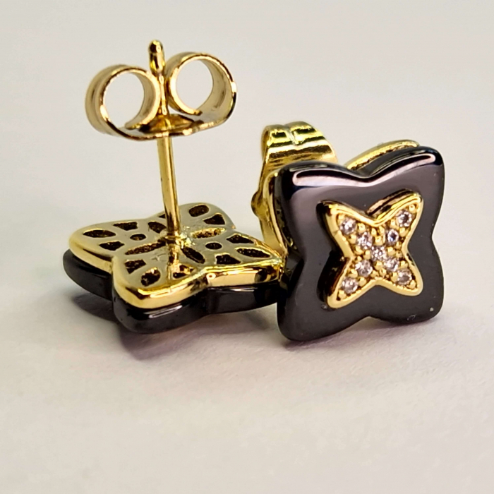 Cercei placati cu aur 18K Alexis, design negru lucios cu zirconii strălucitoare în centru [5]