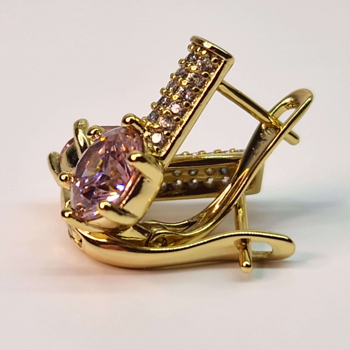 Cercei placati cu aur de 14k cu cristal roz central si cristale albe zirconiu [5]