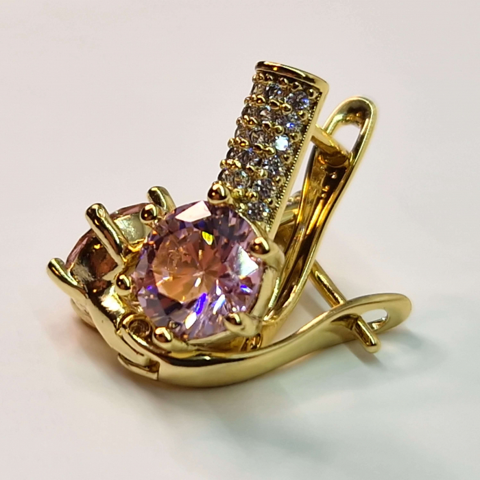 Cercei placati cu aur de 14k cu cristal roz central si cristale albe zirconiu [3]