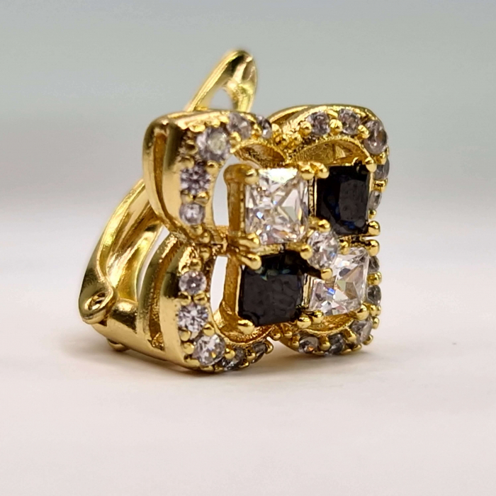 Cercei cu cristale negre si albe zirconiu placati cu aur de 14k [6]