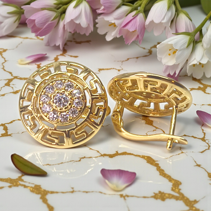 Cercei placați cu aur Darya rotunzi cu model geometric și zirconii strălucitoare [4]