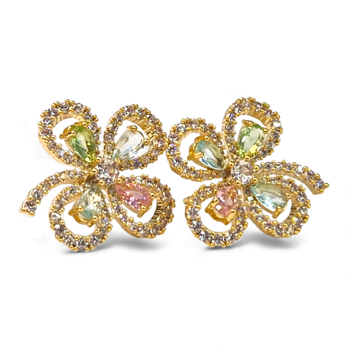 Cercei in forma de trifoi cu patru foi placat cu aur de 14k si incrustat cu cristale multicolore [1]