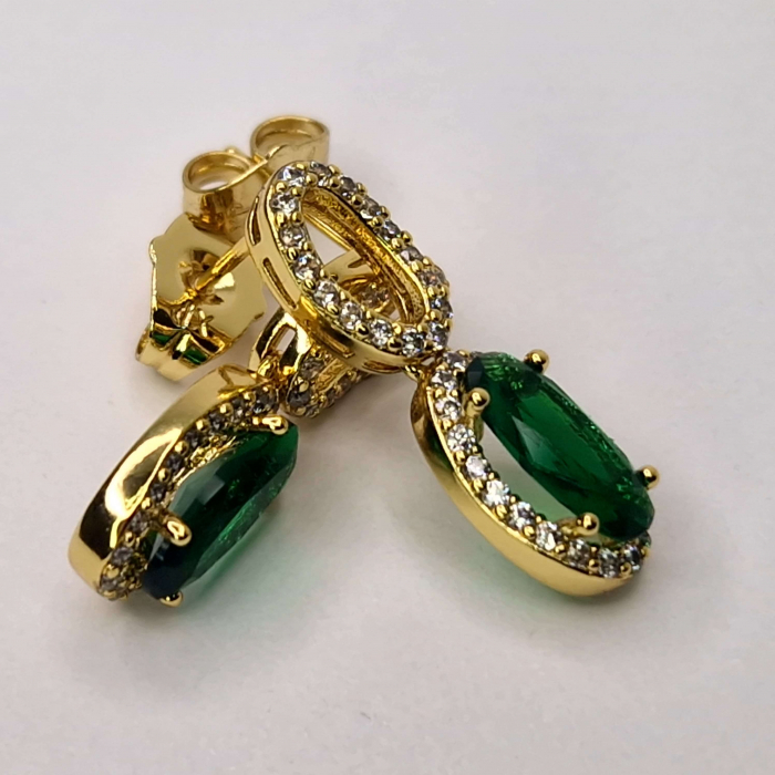 Cerceii Emilia Green - Placati cu Aur de 18k si Decorati cu Cristal Mare Verde Zi si Zirconii Albe [2]