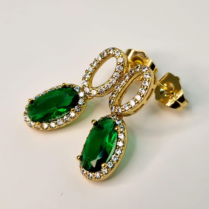 Cerceii Emilia Green - Placati cu Aur de 18k si Decorati cu Cristal Mare Verde Zi si Zirconii Albe [8]