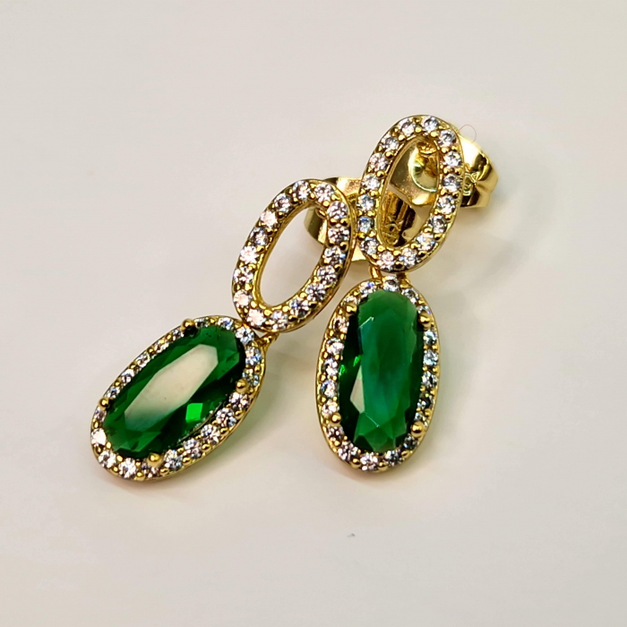 Cerceii Emilia Green - Placati cu Aur de 18k si Decorati cu Cristal Mare Verde Zi si Zirconii Albe [6]