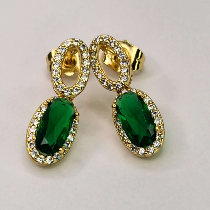 Cerceii Emilia Green - Placati cu Aur de 18k si Decorati cu Cristal Mare Verde Zi si Zirconii Albe [3]