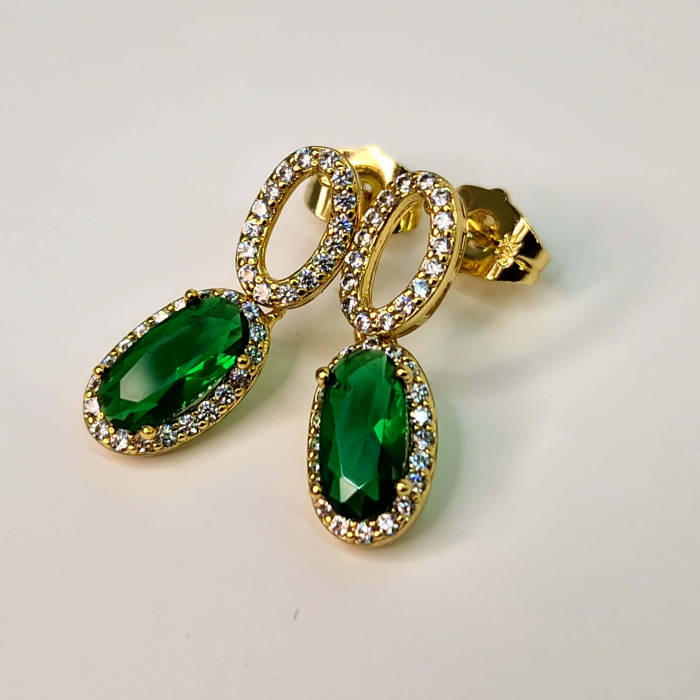 Cerceii Emilia Green - Placati cu Aur de 18k si Decorati cu Cristal Mare Verde Zi si Zirconii Albe [7]