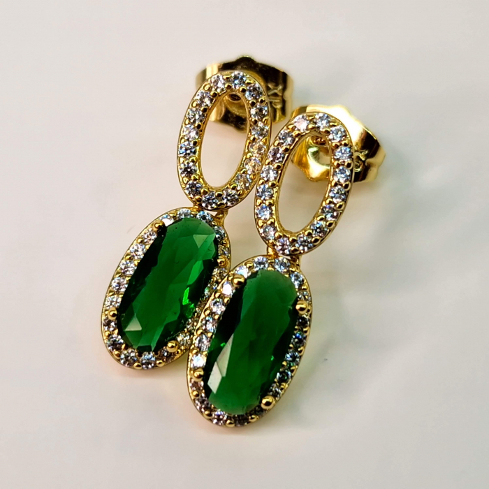 Cerceii Emilia Green - Placati cu Aur de 18k si Decorati cu Cristal Mare Verde Zi si Zirconii Albe [5]