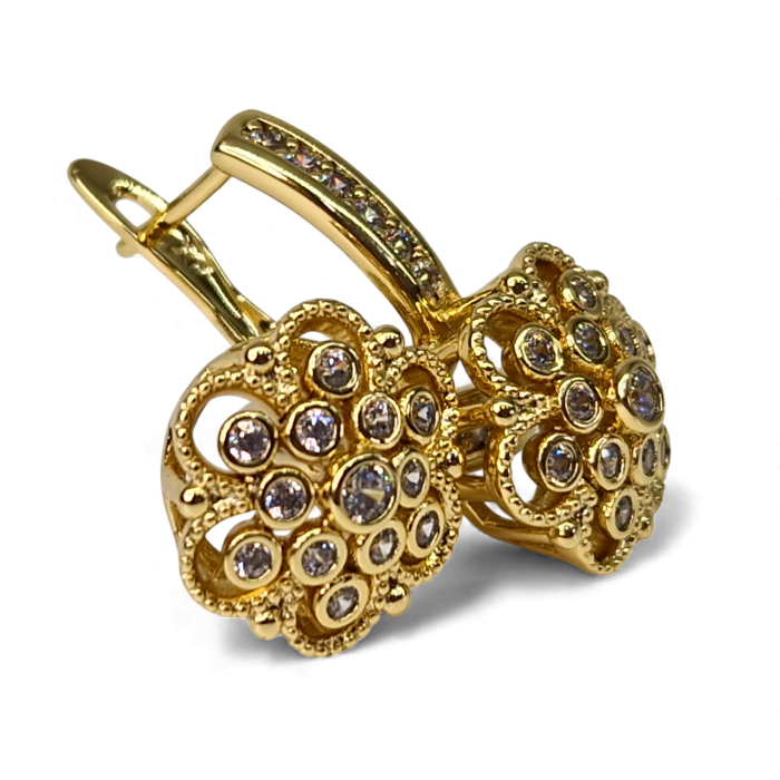 Cercei in forma de floare placati cu aur galben de 14k si incrustati cu cristale zirconiu transparente [5]