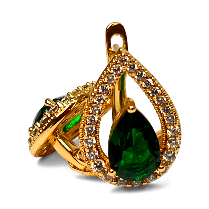 Cercei in forma de picatura cu cristal central verde inconjurat de zirconiu alb placat cu aur de 18k [3]
