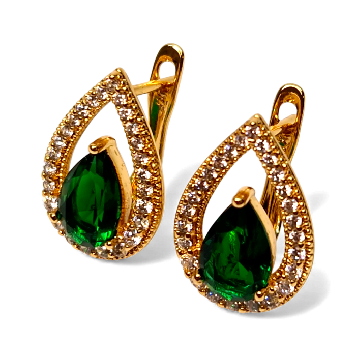 Cercei in forma de picatura cu cristal central verde inconjurat de zirconiu alb placat cu aur de 18k [1]