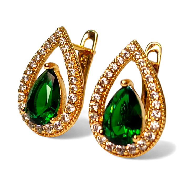 Cercei in forma de picatura cu cristal central verde inconjurat de zirconiu alb placat cu aur de 18k [8]