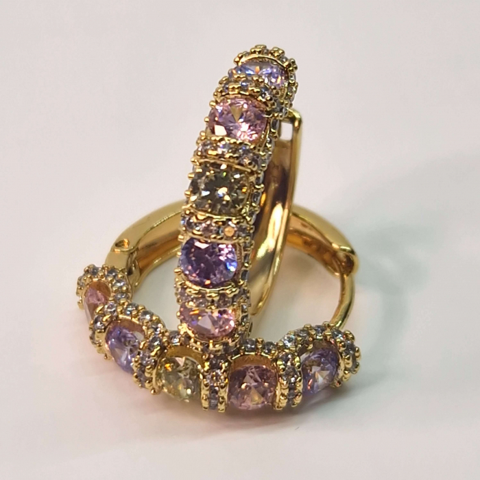 Cercei rotunzi placati cu aur galben de 14k si cristale zirconiu multicolore [2]